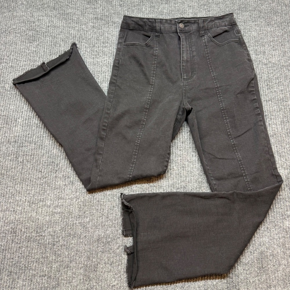 Forever 21 Black Wash Flare Jeans Size 27 High Rise Split Hem Seamed Denim - Picture 9 of 12
